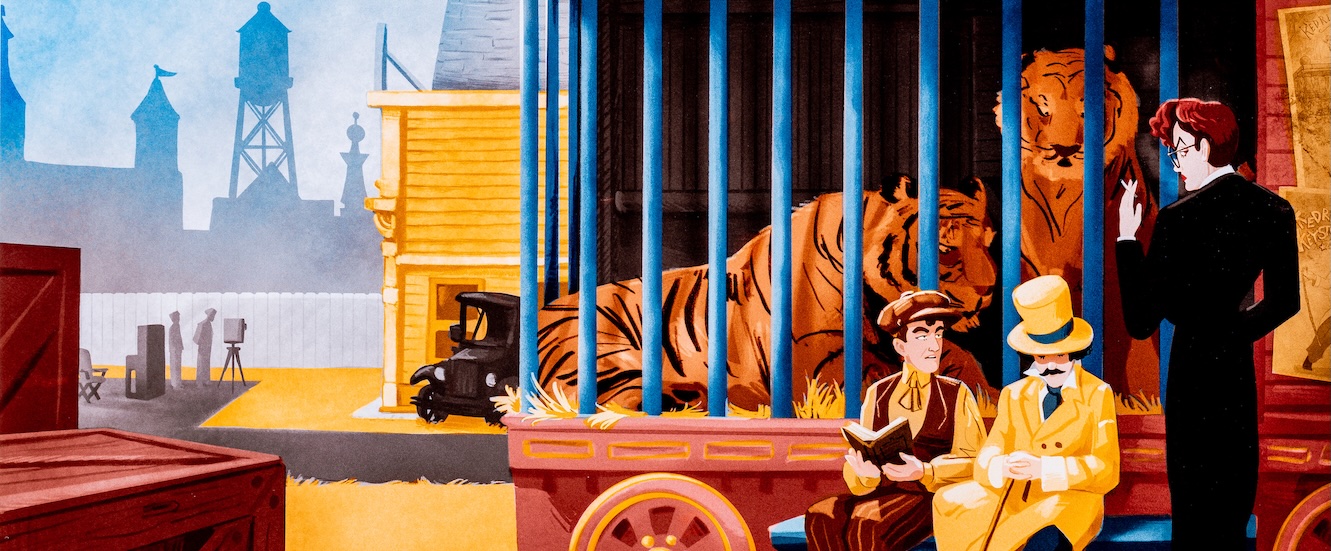 Illustration of men standing in front of carnival tiger train