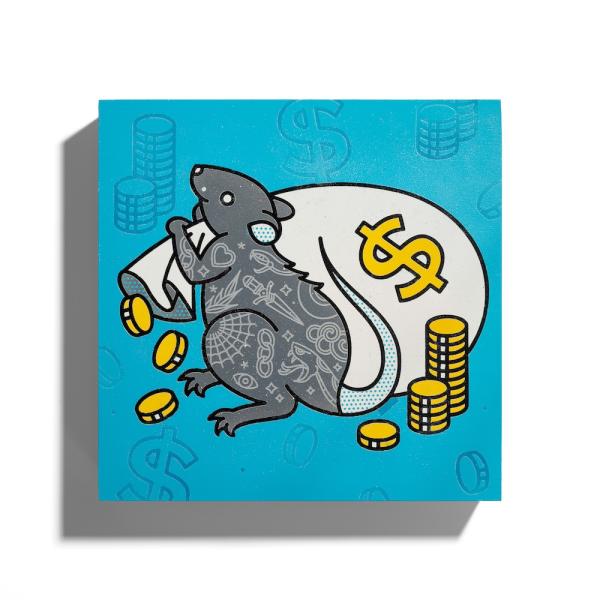 Lisa Champ. At What Cost?, 2025. Aerosol on cradled wood panel (triptych). 8 x 8 x 1.5 in.