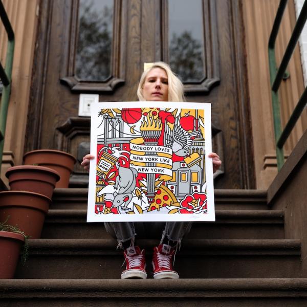 Lisa Champ. Nobody Loves New York Like New York, 2024. Four-color screenprint. 18 x 18 in.
