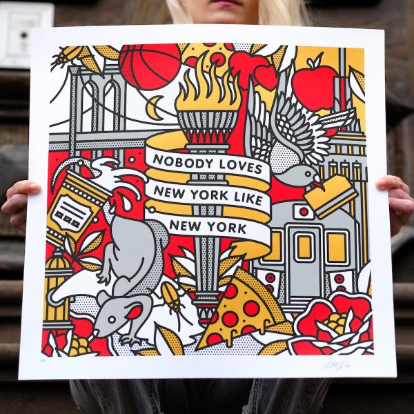 Lisa Champ. Nobody Loves New York Like New York, 2024. Four-color screenprint. 18 x 18 in.